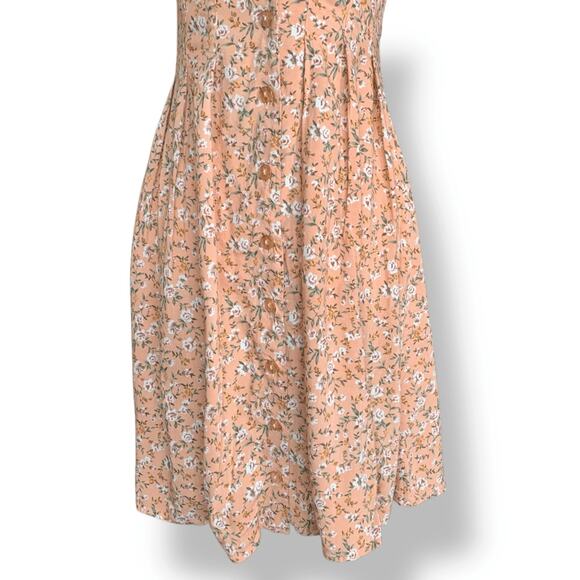 Vintage 90s Peach Floral Mini Dress Rayon Button Front Short Sleeve Scoopneck - Picture 7 of 11